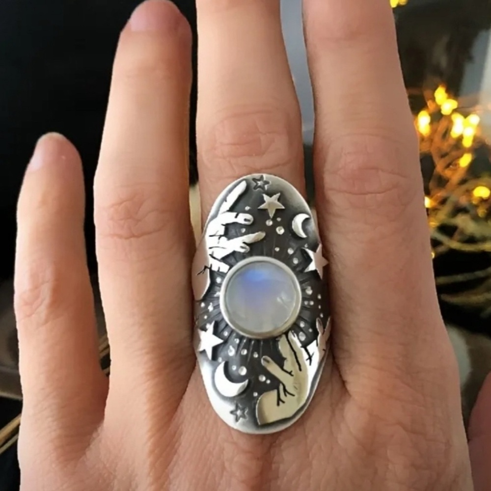 Silver Celestial Moonstone Ring Fortune Teller Moon & Stars Ring